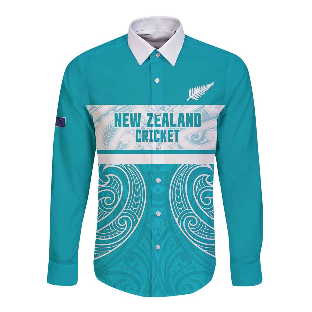 New Zealand Silver Fern Cricket Custom Long Sleeve Button Shirt Black Cap Teal Maori Pattern LT14 Unisex Teal - Polynesian Pride