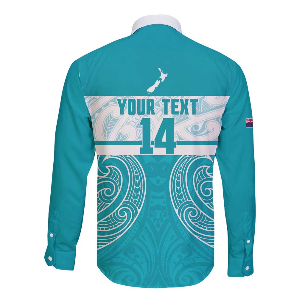 New Zealand Silver Fern Cricket Custom Long Sleeve Button Shirt Black Cap Teal Maori Pattern LT14 - Polynesian Pride