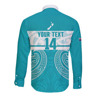 New Zealand Silver Fern Cricket Custom Long Sleeve Button Shirt Black Cap Teal Maori Pattern LT14 - Polynesian Pride