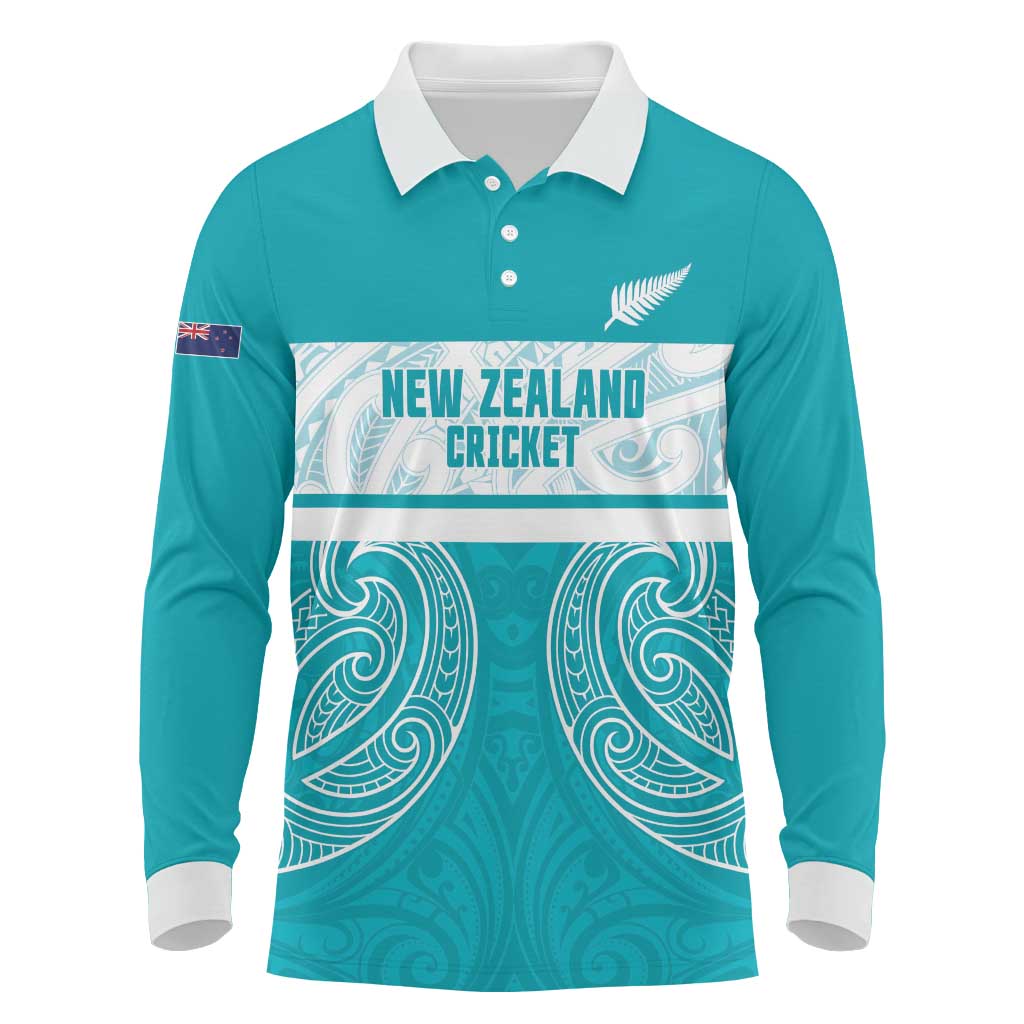New Zealand Silver Fern Cricket Custom Long Sleeve Polo Shirt Black Cap Teal Maori Pattern LT14 Teal - Polynesian Pride
