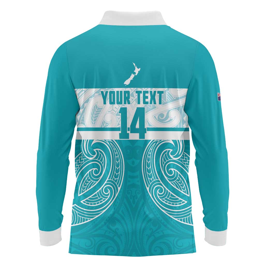 New Zealand Silver Fern Cricket Custom Long Sleeve Polo Shirt Black Cap Teal Maori Pattern LT14 - Polynesian Pride