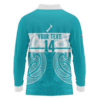 New Zealand Silver Fern Cricket Custom Long Sleeve Polo Shirt Black Cap Teal Maori Pattern LT14 - Polynesian Pride