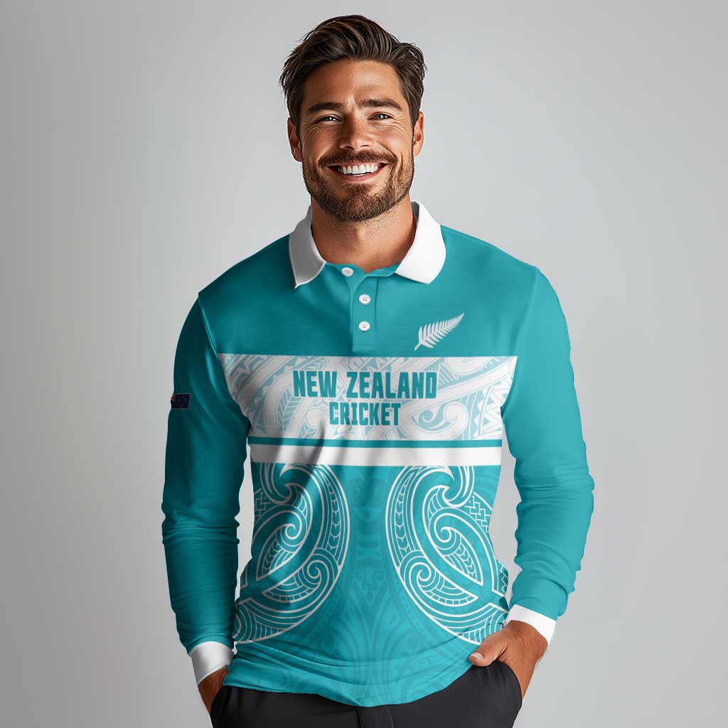 New Zealand Silver Fern Cricket Custom Long Sleeve Polo Shirt Black Cap Teal Maori Pattern LT14 - Polynesian Pride