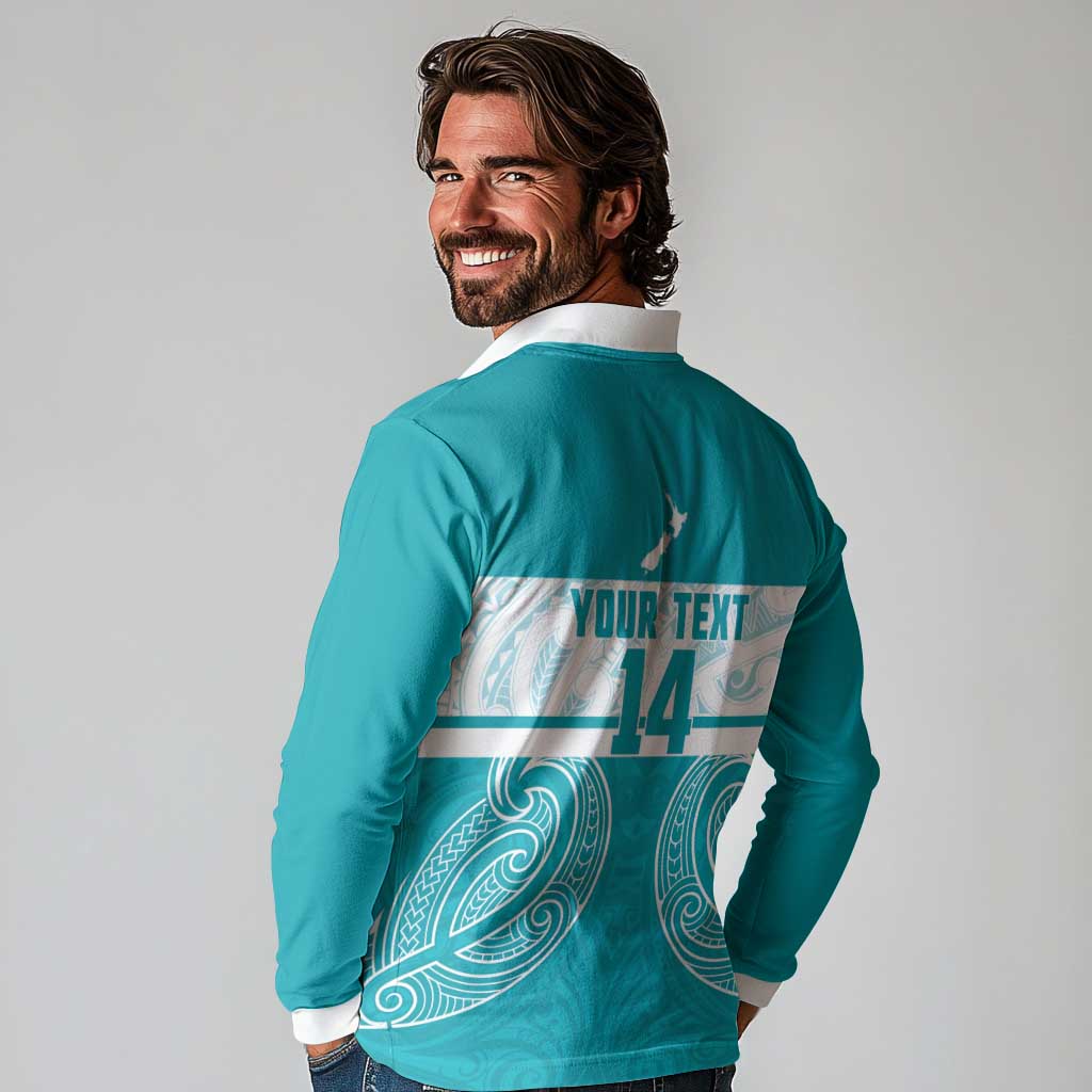 New Zealand Silver Fern Cricket Custom Long Sleeve Polo Shirt Black Cap Teal Maori Pattern LT14 - Polynesian Pride