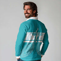 New Zealand Silver Fern Cricket Custom Long Sleeve Polo Shirt Black Cap Teal Maori Pattern LT14 - Polynesian Pride