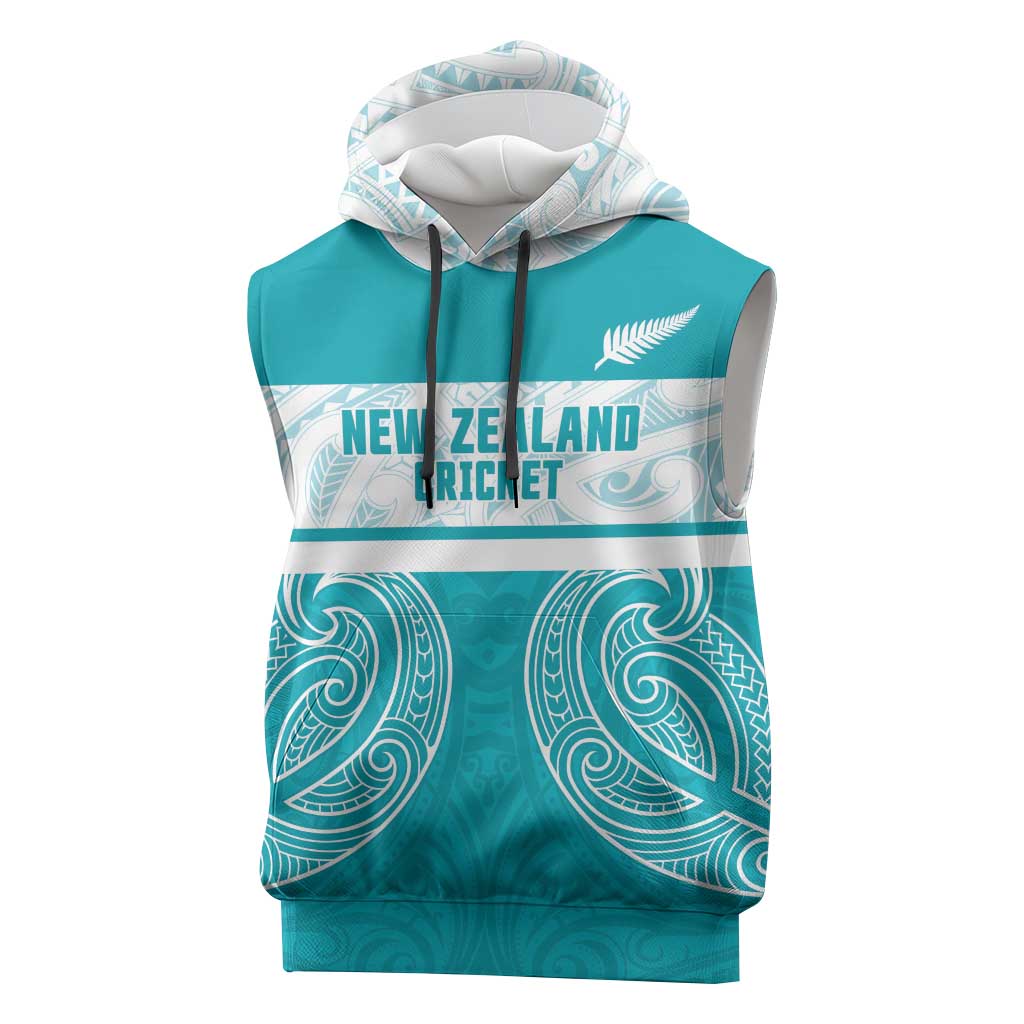 New Zealand Silver Fern Cricket Custom Sleeveless Hoodie Black Cap Teal Maori Pattern LT14 Teal - Polynesian Pride