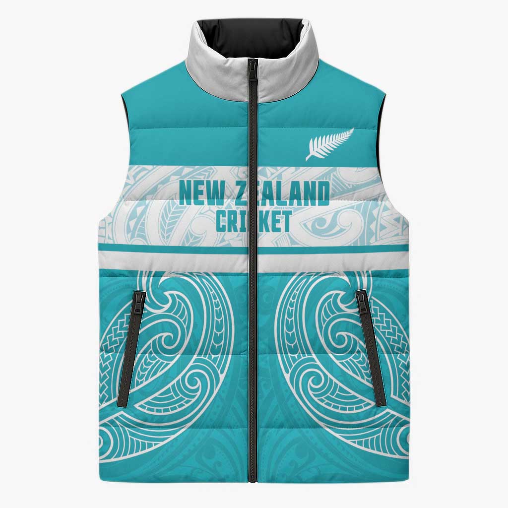 New Zealand Silver Fern Cricket Custom Sleeveless Puffer Jacket Black Cap Teal Maori Pattern LT14 Unisex Teal - Polynesian Pride