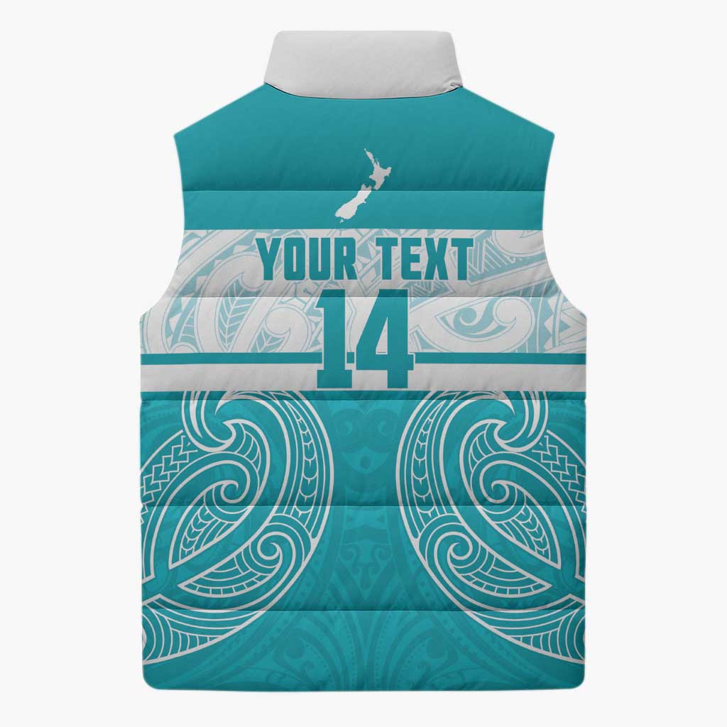 New Zealand Silver Fern Cricket Custom Sleeveless Puffer Jacket Black Cap Teal Maori Pattern LT14 - Polynesian Pride