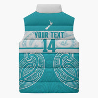 New Zealand Silver Fern Cricket Custom Sleeveless Puffer Jacket Black Cap Teal Maori Pattern LT14 - Polynesian Pride