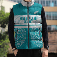 New Zealand Silver Fern Cricket Custom Sleeveless Puffer Jacket Black Cap Teal Maori Pattern LT14 - Polynesian Pride