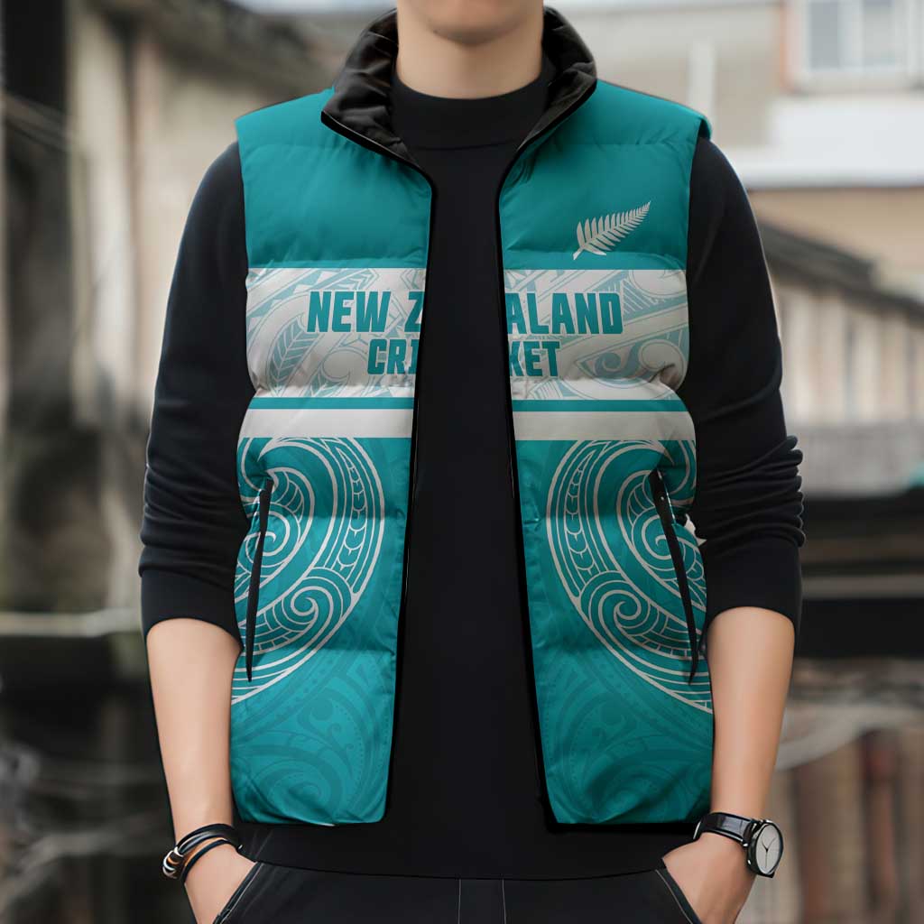 New Zealand Silver Fern Cricket Custom Sleeveless Puffer Jacket Black Cap Teal Maori Pattern LT14 - Polynesian Pride