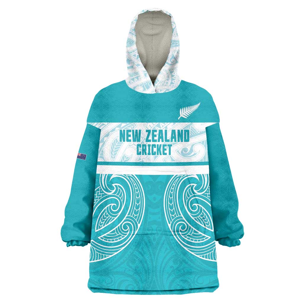 New Zealand Silver Fern Cricket Custom Wearable Blanket Hoodie Black Cap Teal Maori Pattern LT14 One Size Teal - Polynesian Pride