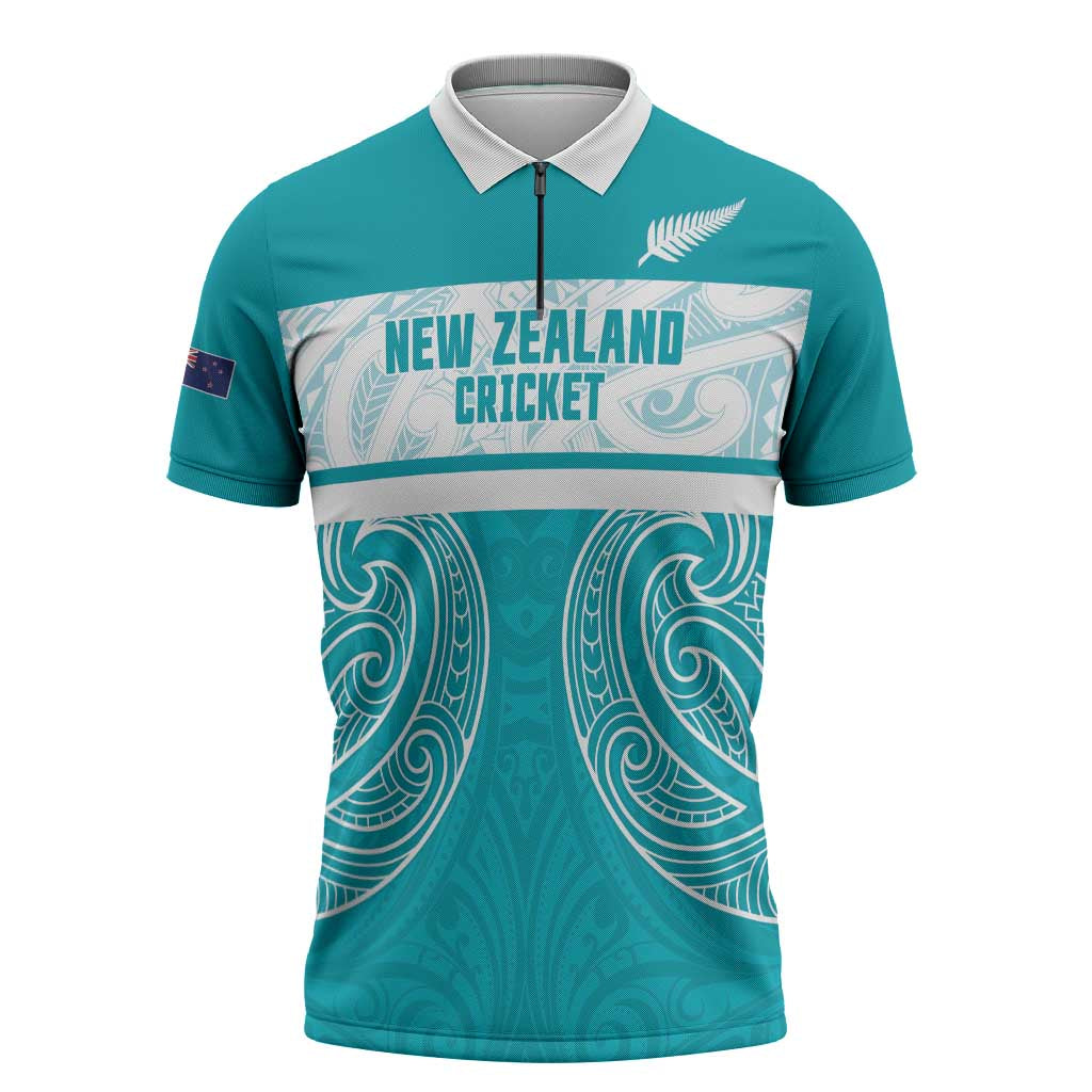New Zealand Silver Fern Cricket Custom Zipper Polo Shirt Black Cap Teal Maori Pattern LT14 Teal - Polynesian Pride