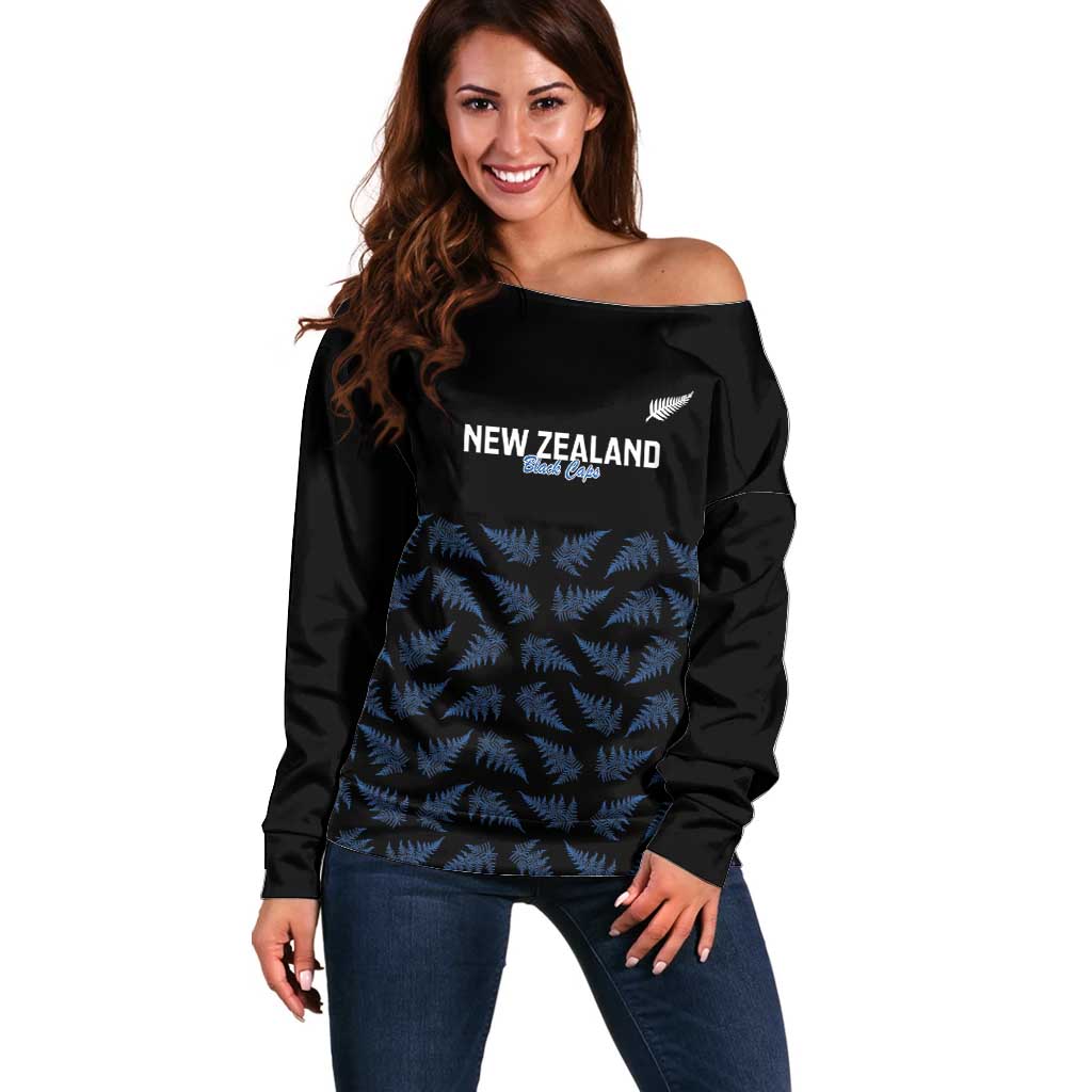 New Zealand Silver Fern Cricket Custom Off Shoulder Sweater Black Cap T20 Version LT14 Women Black - Polynesian Pride
