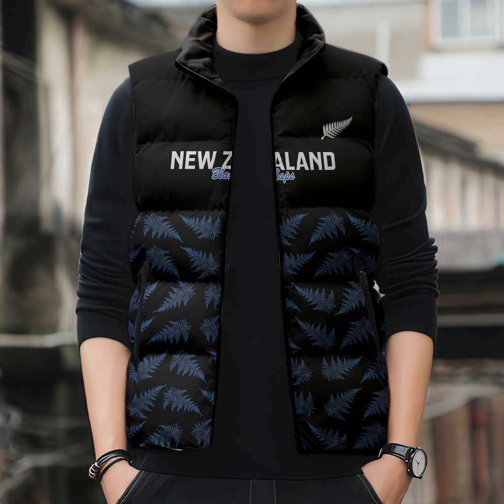 New Zealand Silver Fern Cricket Custom Sleeveless Puffer Jacket Black Cap T20 Version LT14 - Polynesian Pride
