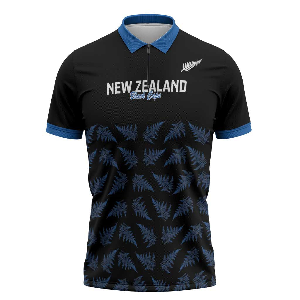 New Zealand Silver Fern Cricket Custom Zipper Polo Shirt Black Cap T20 Version LT14 Black - Polynesian Pride