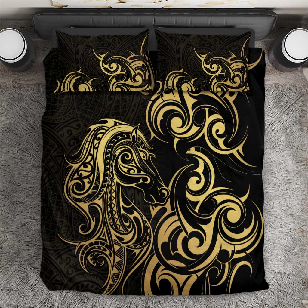 Gold And Black Aotearoa Horse Racing Bedding Set NZ Maori Pattern LT14 Black - Polynesian Pride