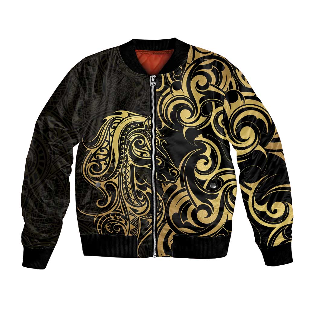 Gold And Black Aotearoa Horse Racing Bomber Jacket NZ Maori Pattern LT14 Unisex Black - Polynesian Pride