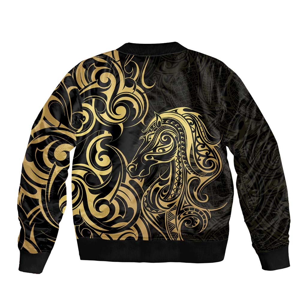Gold And Black Aotearoa Horse Racing Bomber Jacket NZ Maori Pattern LT14 - Polynesian Pride