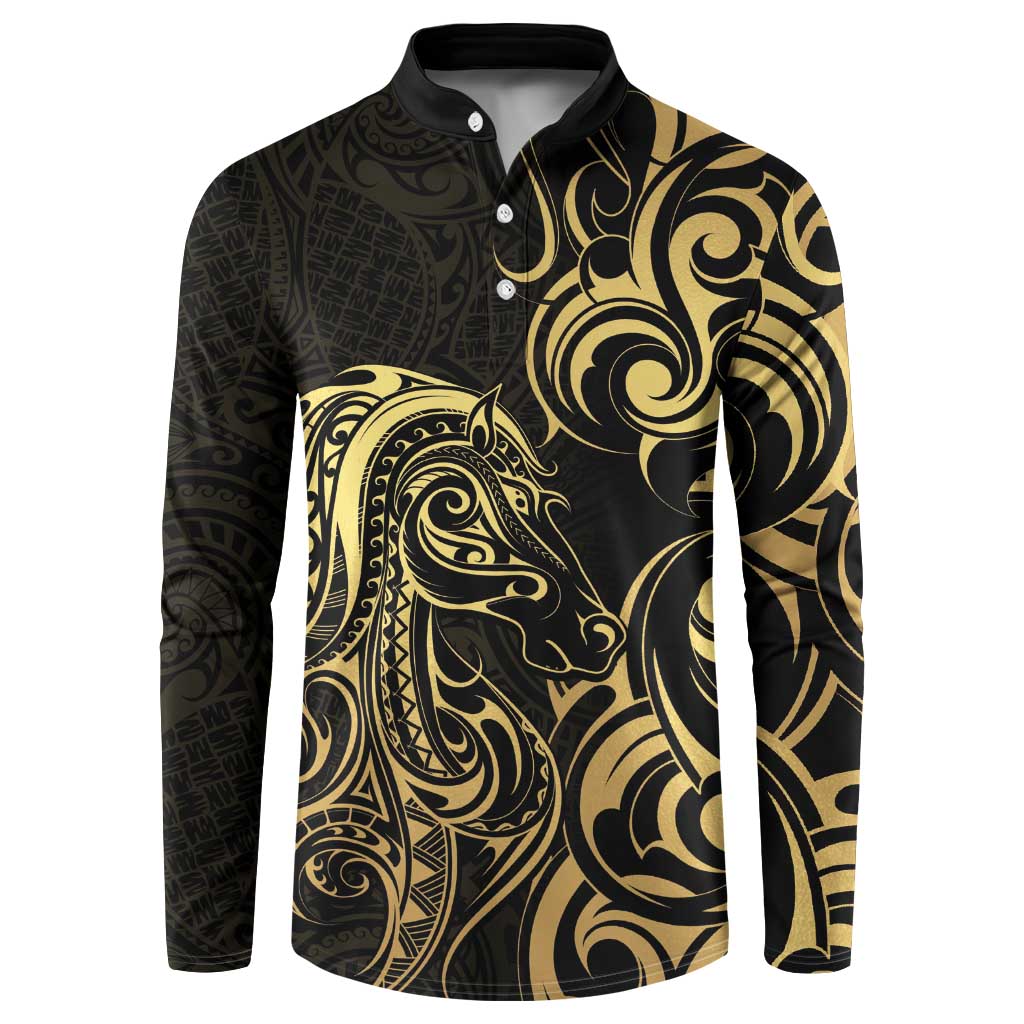 Gold And Black Aotearoa Horse Racing Button Sweatshirt NZ Maori Pattern LT14 Black - Polynesian Pride