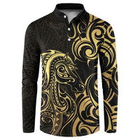 Gold And Black Aotearoa Horse Racing Button Sweatshirt NZ Maori Pattern LT14 Black - Polynesian Pride