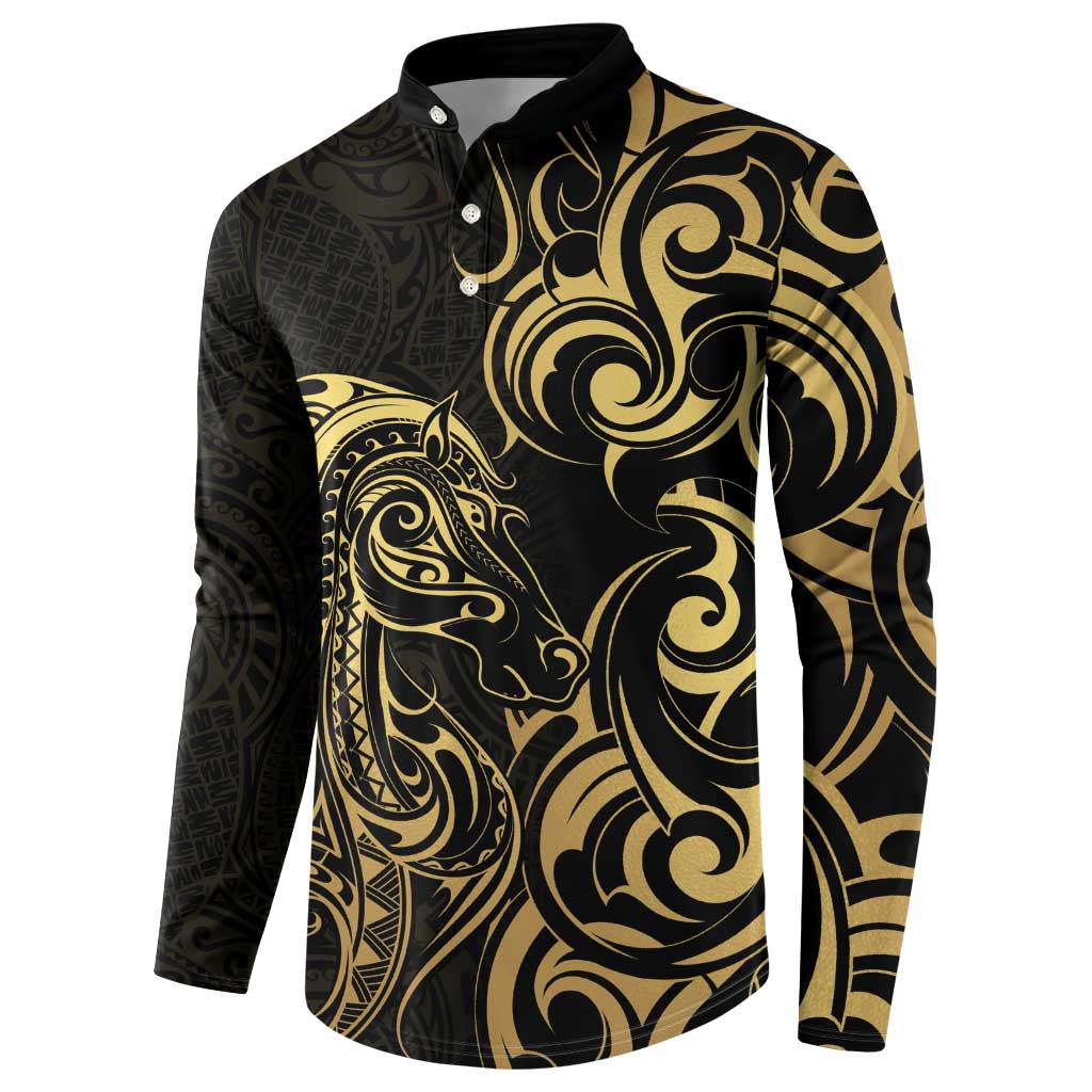 Gold And Black Aotearoa Horse Racing Button Sweatshirt NZ Maori Pattern LT14 - Polynesian Pride