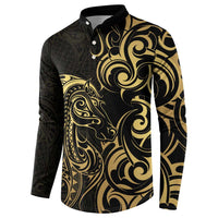 Gold And Black Aotearoa Horse Racing Button Sweatshirt NZ Maori Pattern LT14 - Polynesian Pride