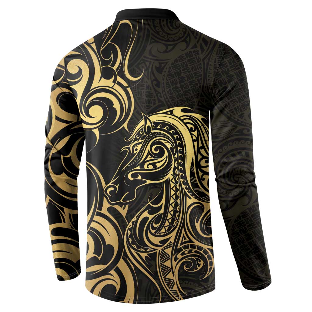 Gold And Black Aotearoa Horse Racing Button Sweatshirt NZ Maori Pattern LT14 - Polynesian Pride