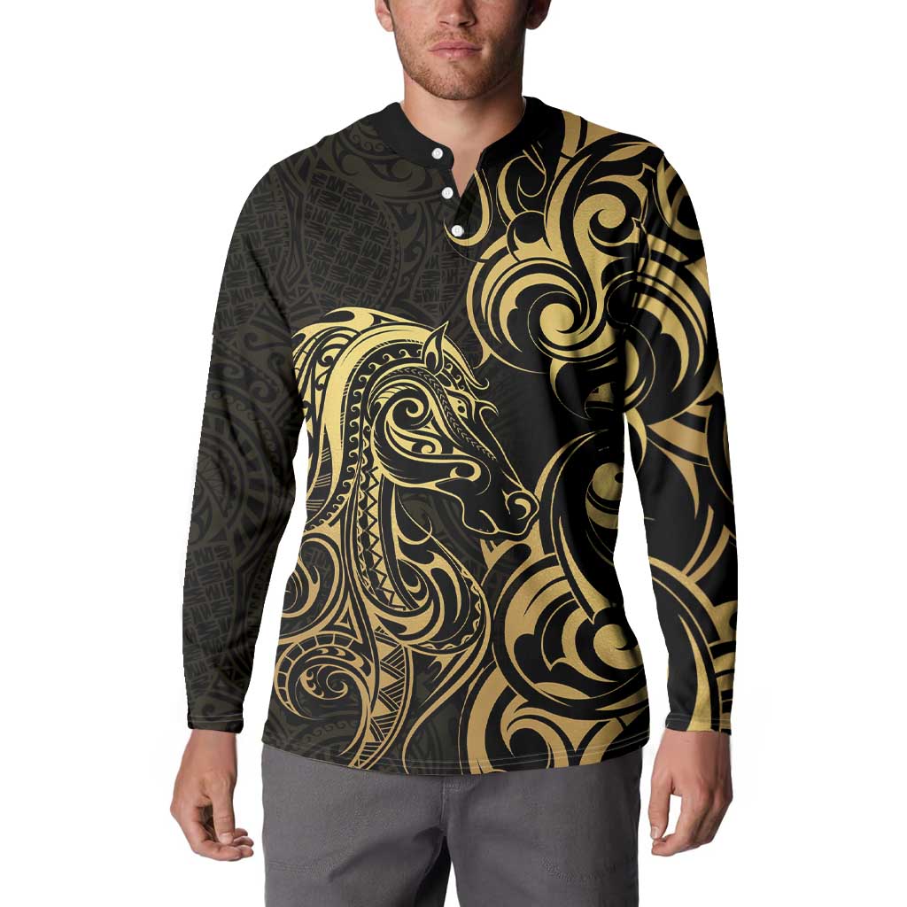 Gold And Black Aotearoa Horse Racing Button Sweatshirt NZ Maori Pattern LT14 - Polynesian Pride