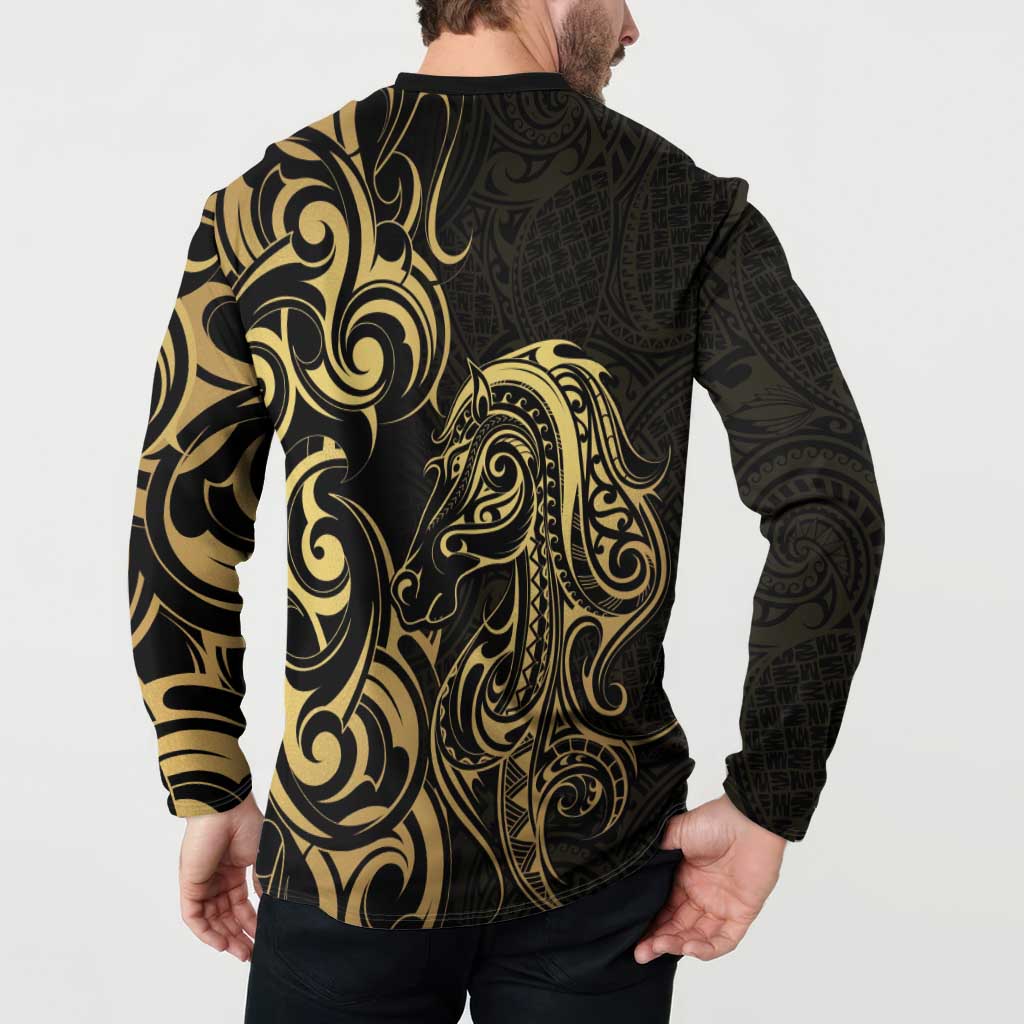 Gold And Black Aotearoa Horse Racing Button Sweatshirt NZ Maori Pattern LT14 - Polynesian Pride