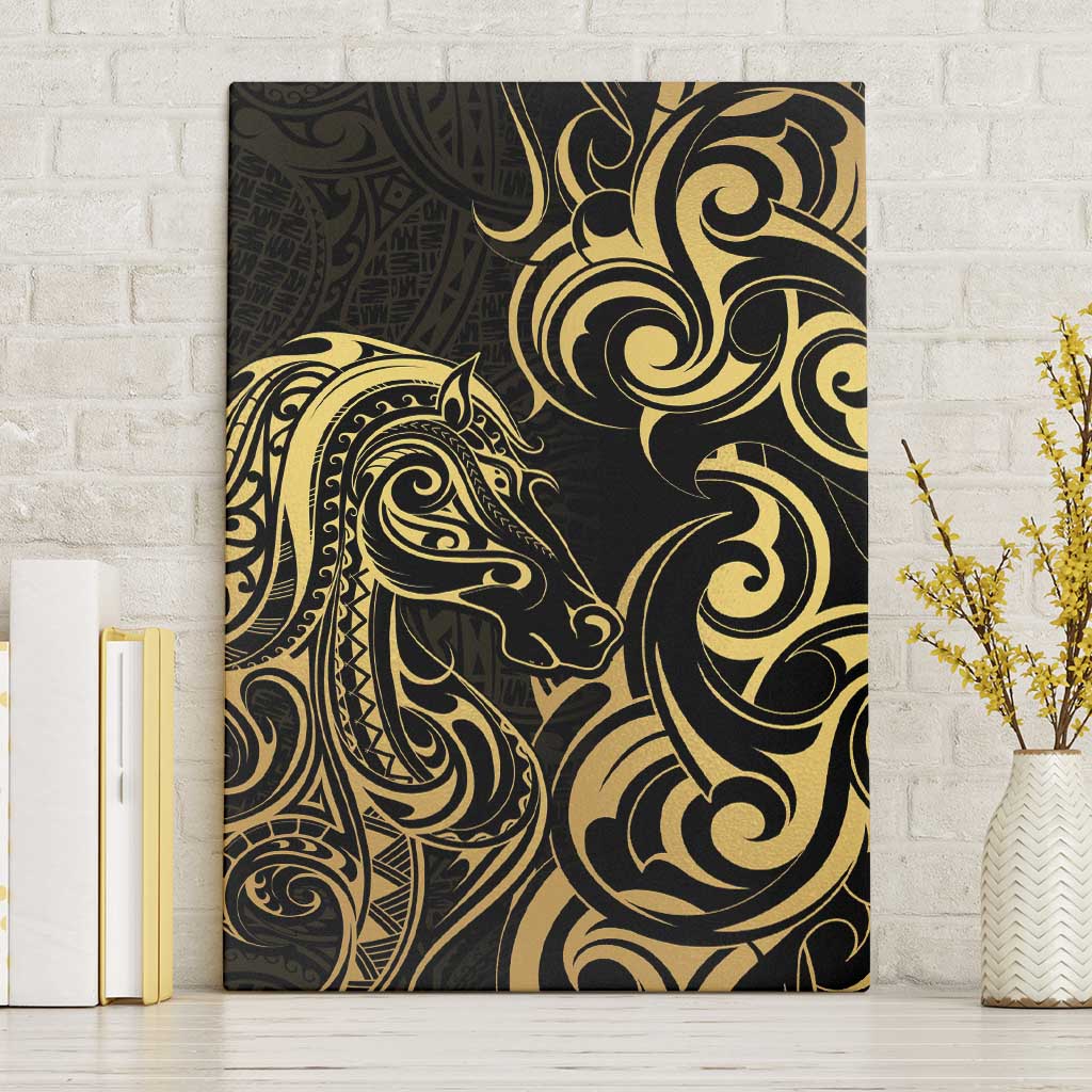 Gold And Black Aoteara Horse Racing Canvas Wall Art NZ Maori Pattern