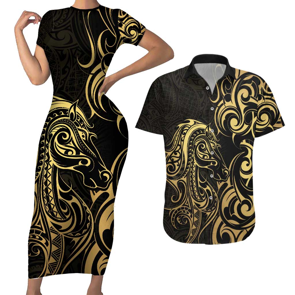 Gold And Black Aoteara Horse Racing Couples Matching Short Sleeve Bodycon Dress and Hawaiian Shirt NZ Maori Pattern