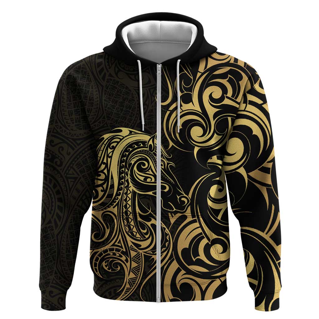 Gold And Black Aotearoa Horse Racing Hoodie NZ Maori Pattern LT14 Zip Hoodie Black - Polynesian Pride