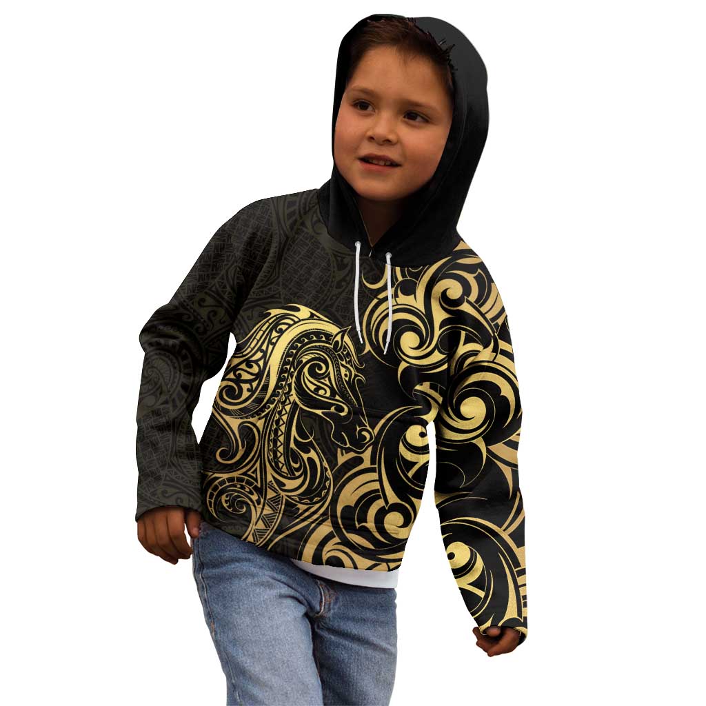 Gold And Black Aotearoa Horse Racing Kid Hoodie NZ Maori Pattern LT14 - Polynesian Pride