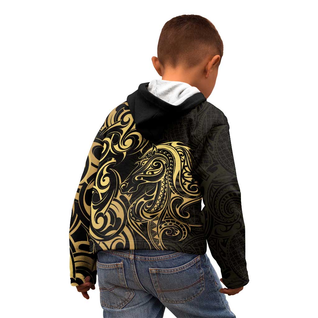 Gold And Black Aotearoa Horse Racing Kid Hoodie NZ Maori Pattern LT14 - Polynesian Pride