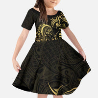 Gold And Black Aotearoa Horse Racing Kid Short Sleeve Dress NZ Maori Pattern LT14 KID Black - Polynesian Pride