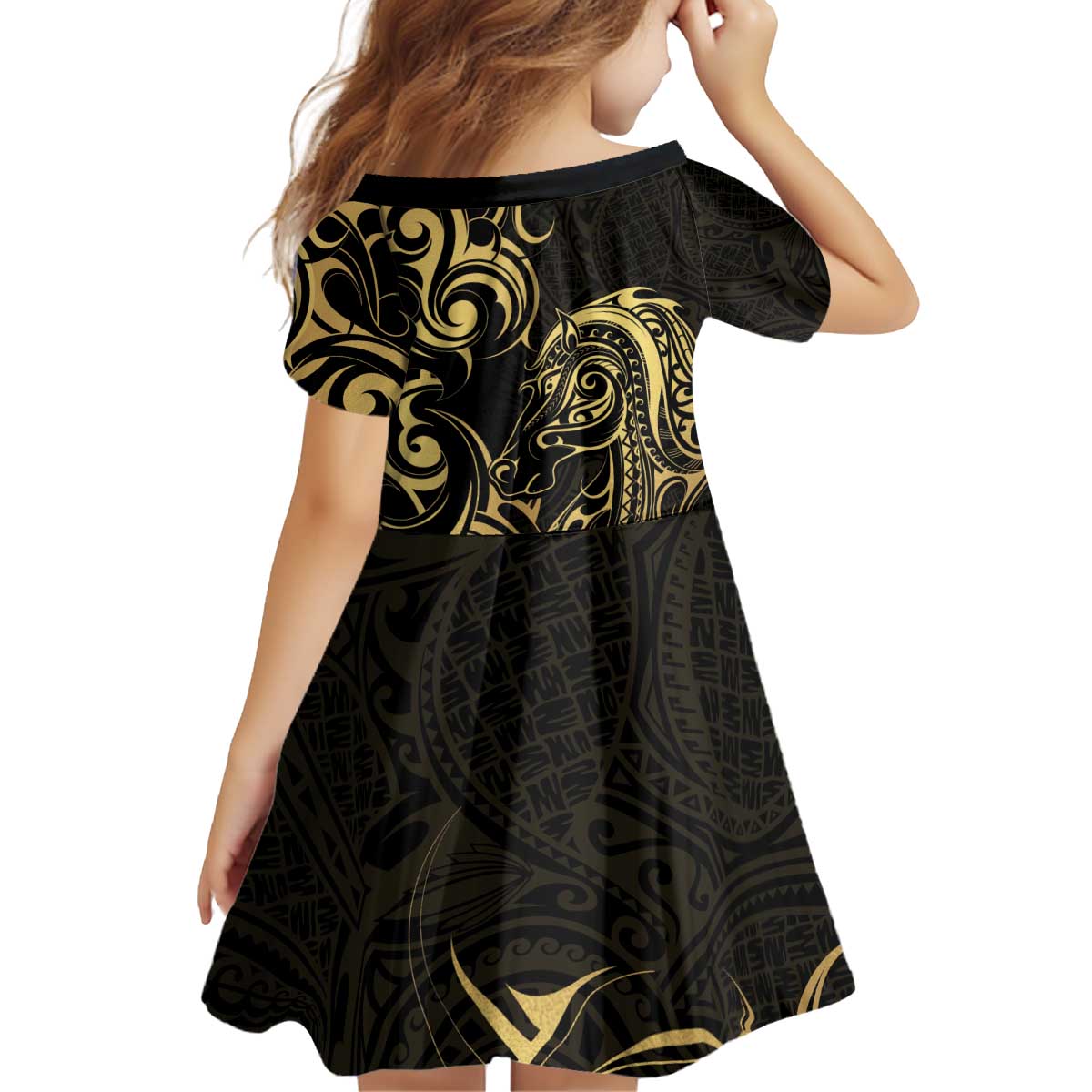 Gold And Black Aotearoa Horse Racing Kid Short Sleeve Dress NZ Maori Pattern LT14 - Polynesian Pride
