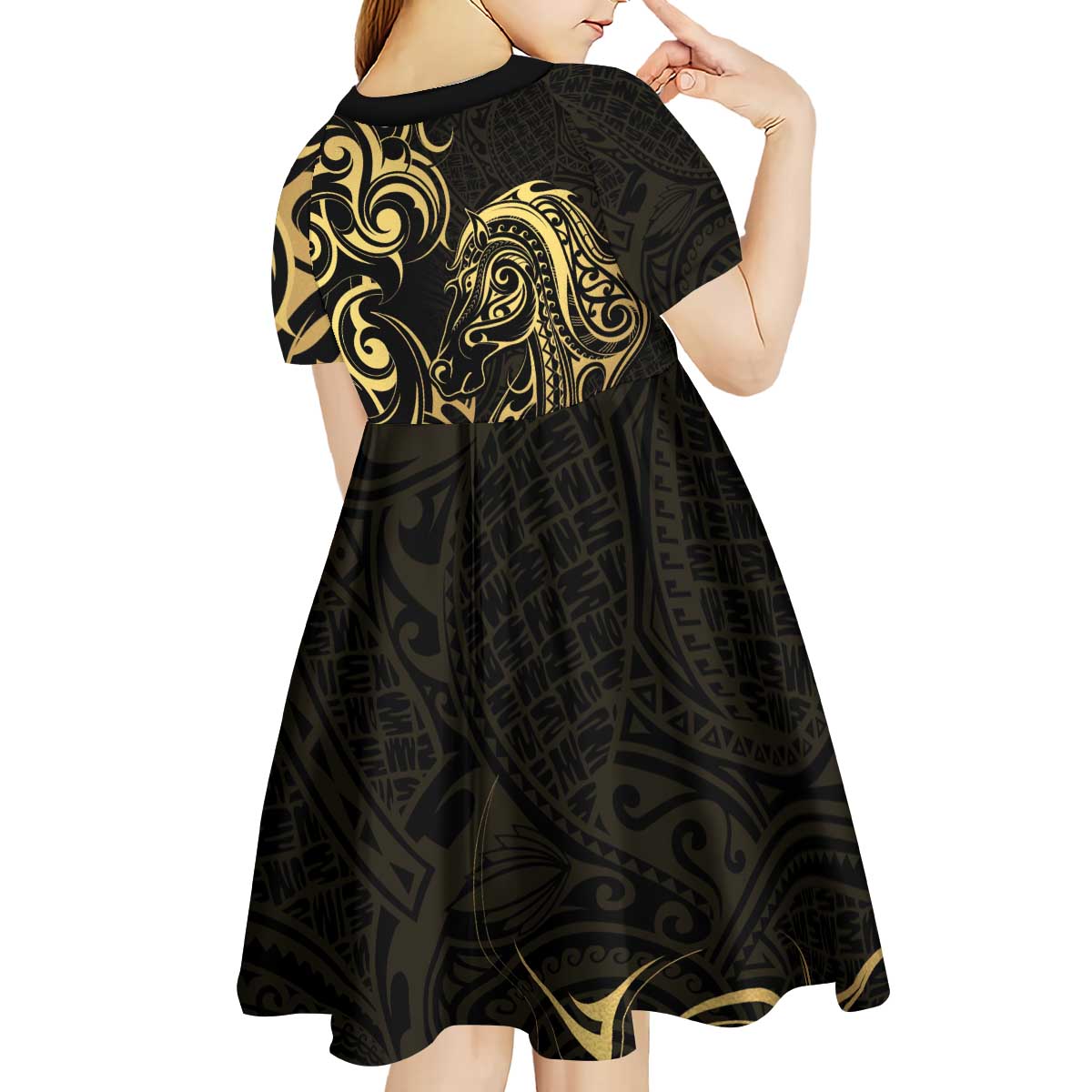 Gold And Black Aotearoa Horse Racing Kid Short Sleeve Dress NZ Maori Pattern LT14 - Polynesian Pride