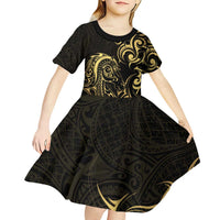 Gold And Black Aotearoa Horse Racing Kid Short Sleeve Dress NZ Maori Pattern LT14 - Polynesian Pride