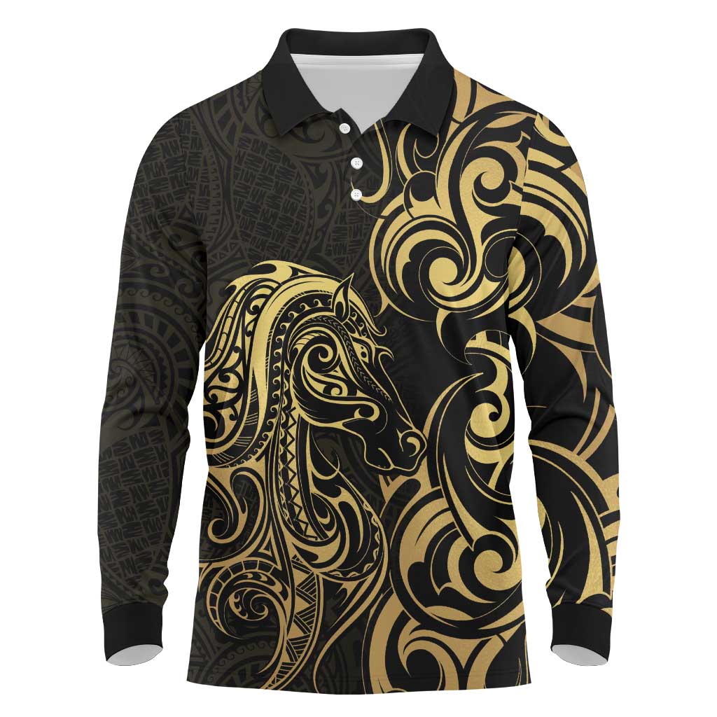 Gold And Black Aoteara Horse Racing Long Sleeve Polo Shirt NZ Maori Pattern