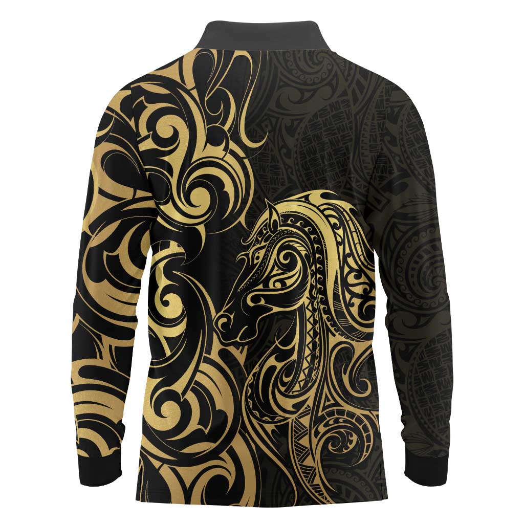 Gold And Black Aotearoa Horse Racing Long Sleeve Polo Shirt NZ Maori Pattern LT14 - Polynesian Pride