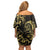 Gold And Black Aoteara Horse Racing Off Shoulder Short Dress NZ Maori Pattern