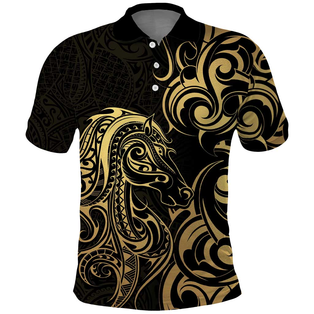 Gold And Black Aotearoa Horse Racing Polo Shirt NZ Maori Pattern LT14 Black - Polynesian Pride