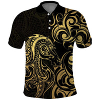 Gold And Black Aotearoa Horse Racing Polo Shirt NZ Maori Pattern LT14 Black - Polynesian Pride