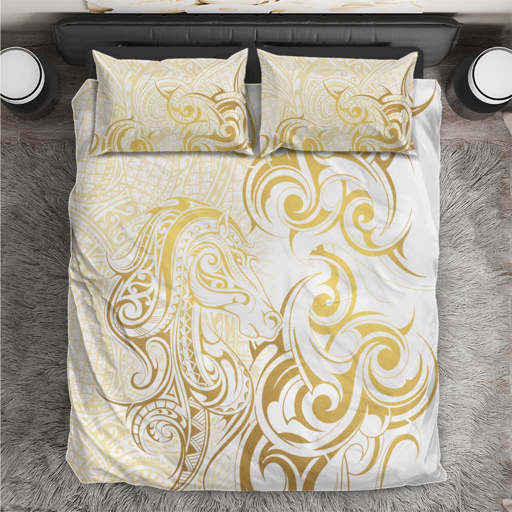 Gold And White Aotearoa Horse Racing Bedding Set NZ Maori Pattern LT14 White - Polynesian Pride