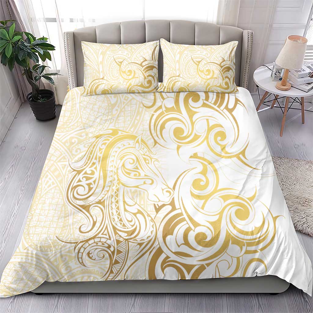 Gold And White Aotearoa Horse Racing Bedding Set NZ Maori Pattern LT14 - Polynesian Pride