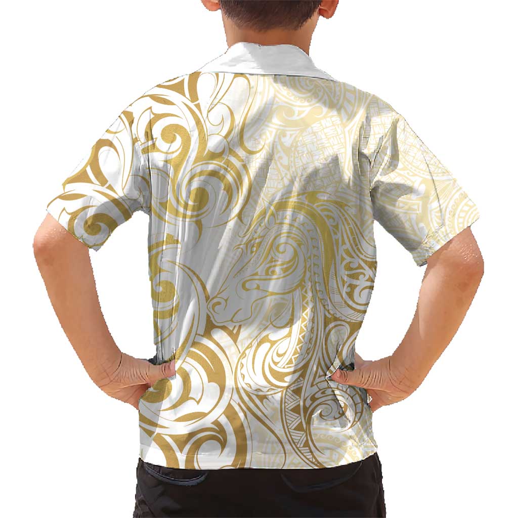 Gold And White Aotearoa Horse Racing Kid Hawaiian Shirt NZ Maori Pattern LT14 - Polynesian Pride