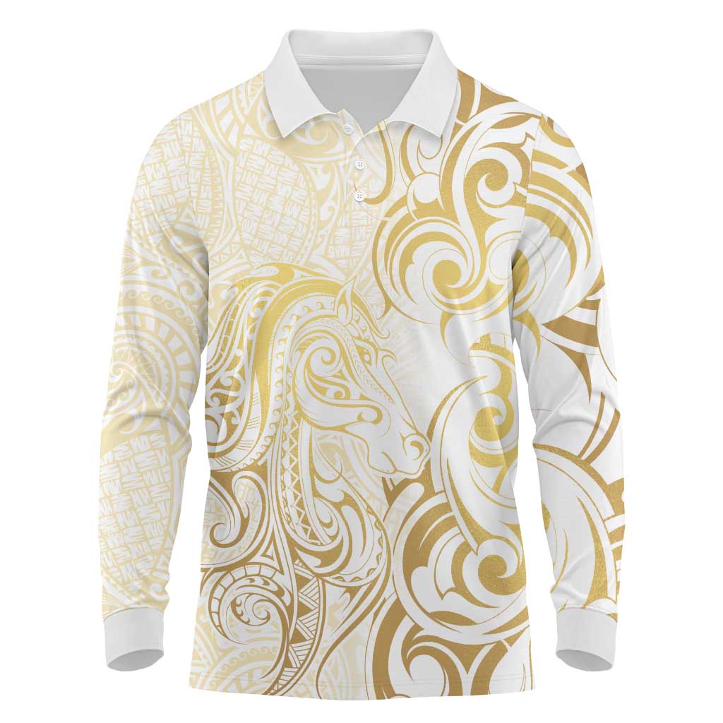 Gold And White Aoteara Horse Racing Long Sleeve Polo Shirt NZ Maori Pattern