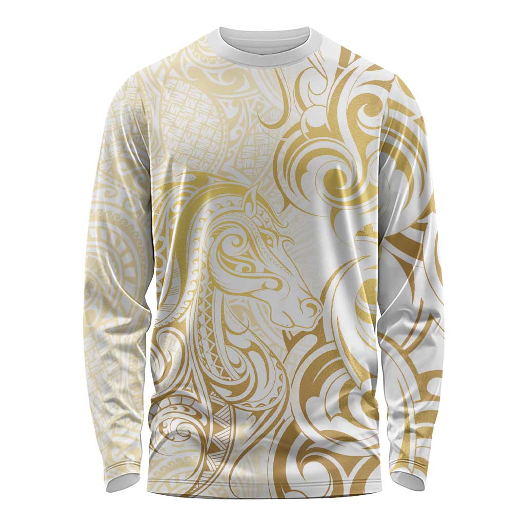 Gold And White Aotearoa Horse Racing Long Sleeve Shirt NZ Maori Pattern LT14 Unisex White - Polynesian Pride