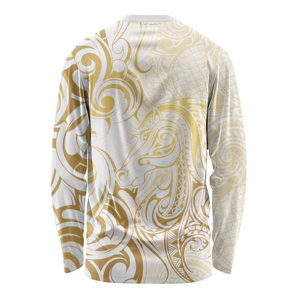 Gold And White Aotearoa Horse Racing Long Sleeve Shirt NZ Maori Pattern LT14 - Polynesian Pride